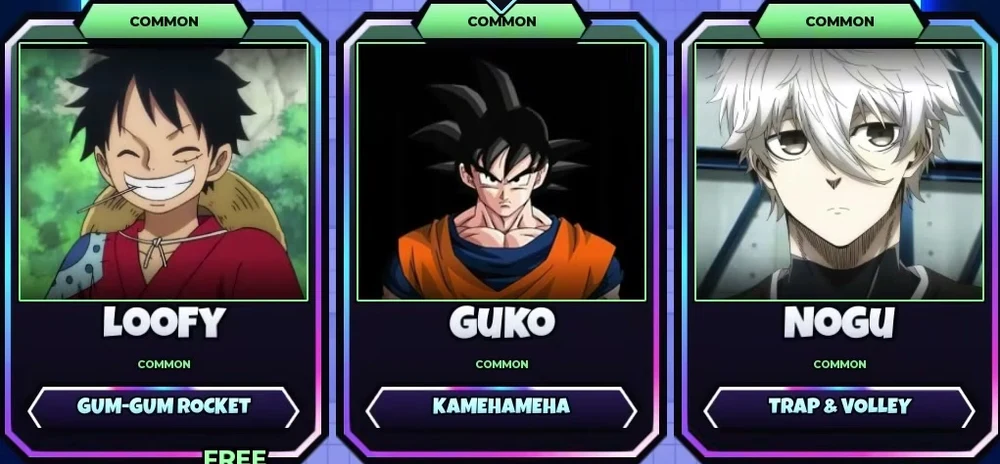 Three offered cards: Loofy, Guko and Nogu, with ability labels