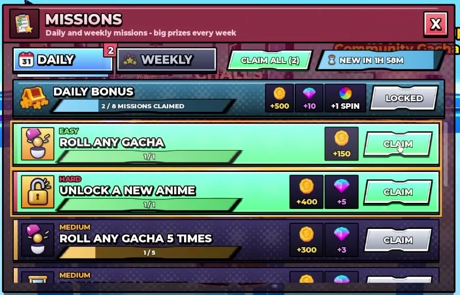 Daily Missions panel with 500 Coins, 10 Gems and a spin shown for the daily bonus