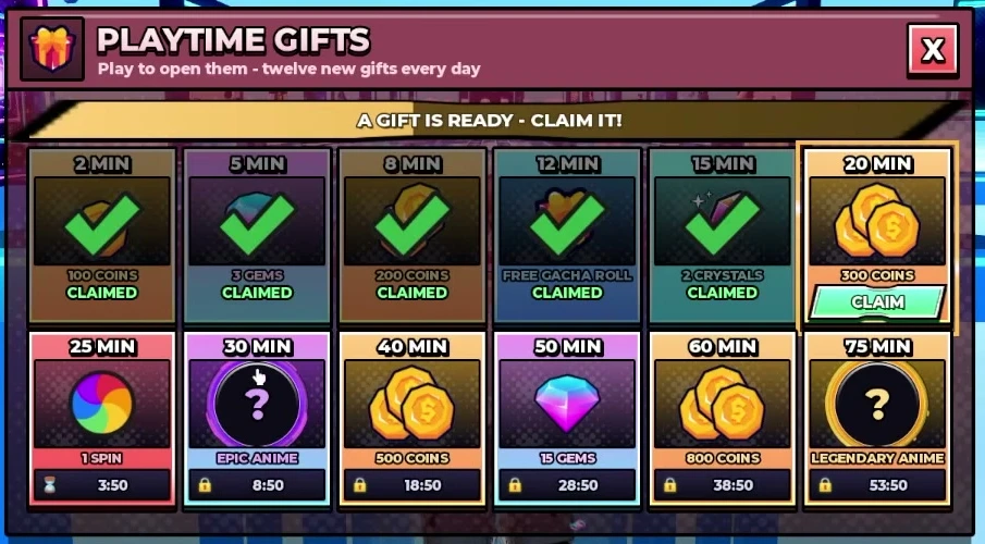 Playtime Gifts panel showing twelve reward thresholds from 2 to 75 minutes