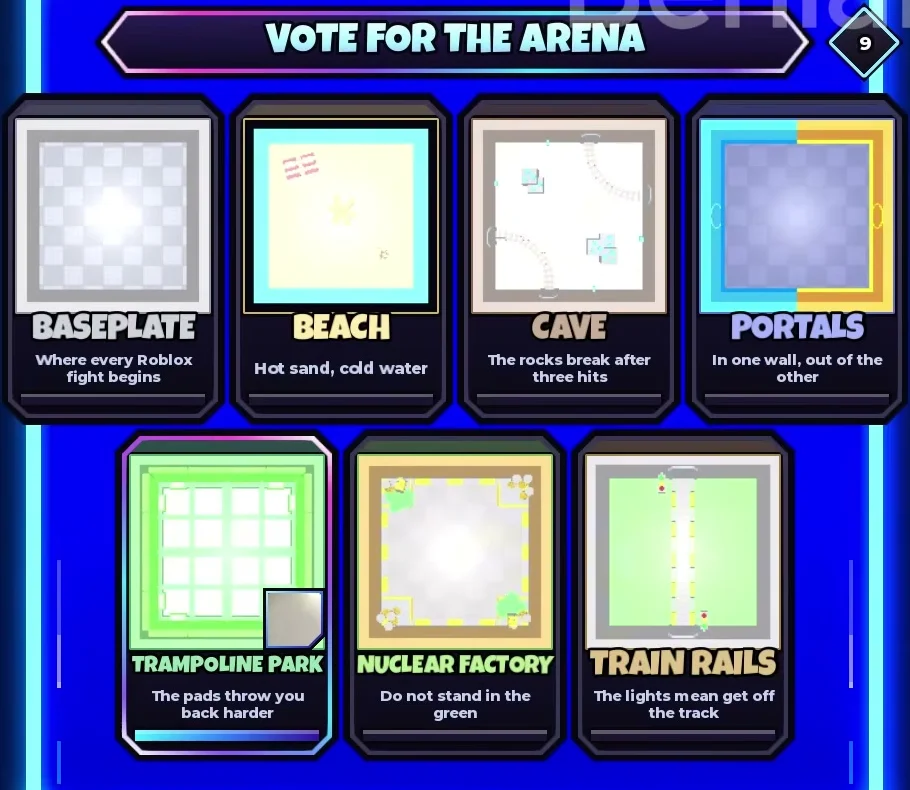 Arena vote menu showing Baseplate, Beach, Cave, Portals, Trampoline Park, Nuclear Factory and Train Rails