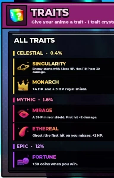 Traits panel listing Celestial, Mythic and Epic groups and five trait effects