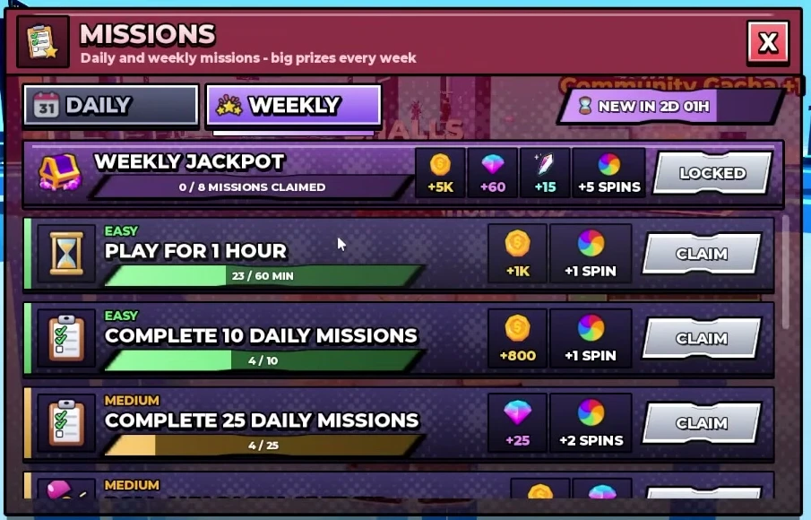 Weekly Missions panel showing the jackpot and three visible objectives