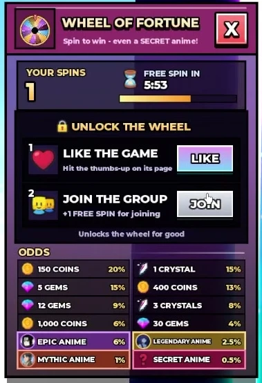 Wheel of Fortune unlock conditions and the full displayed reward odds table